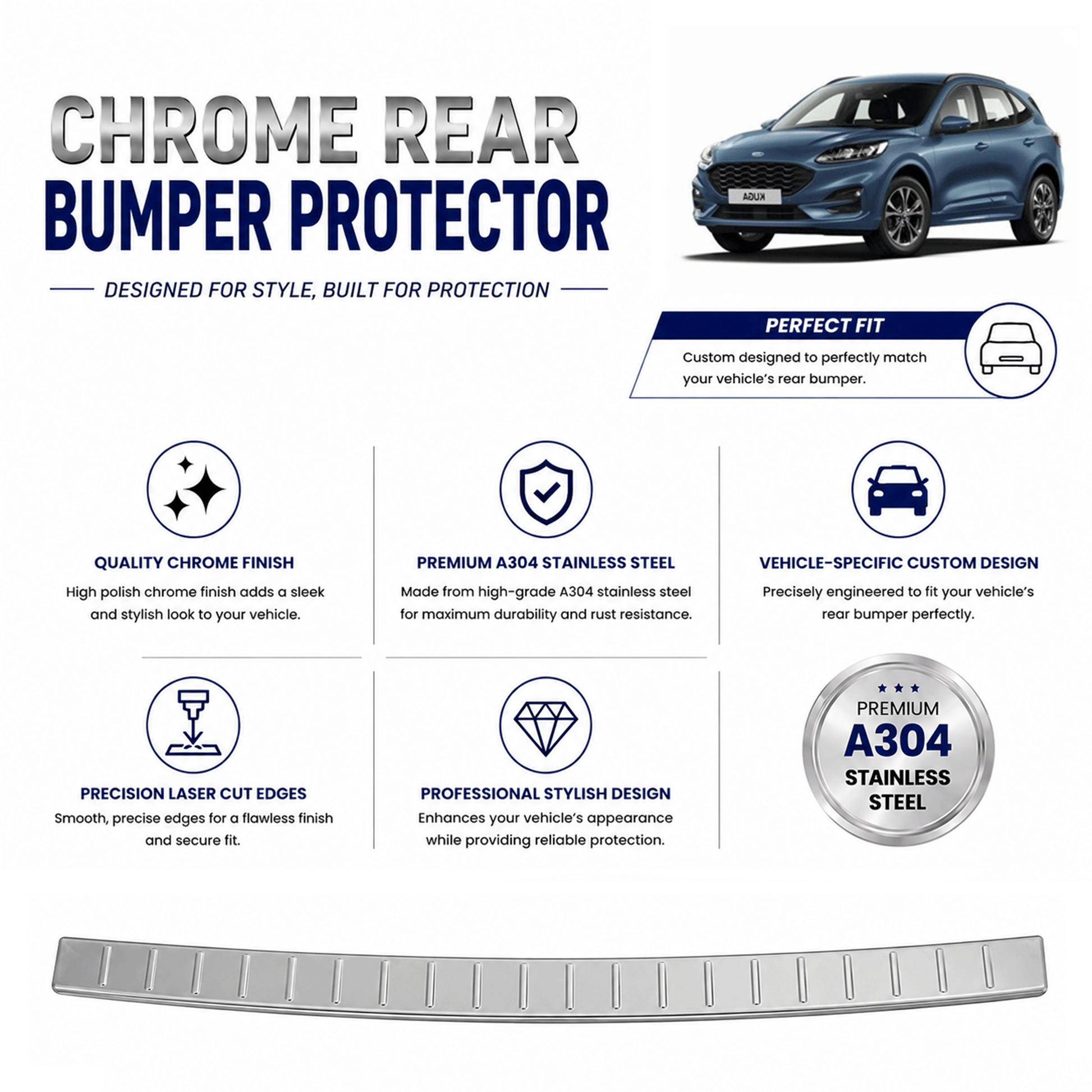 Chrome Rear Bumper Protector for Kuga Mk3 2020 Onwards, Sill Guard - image 2