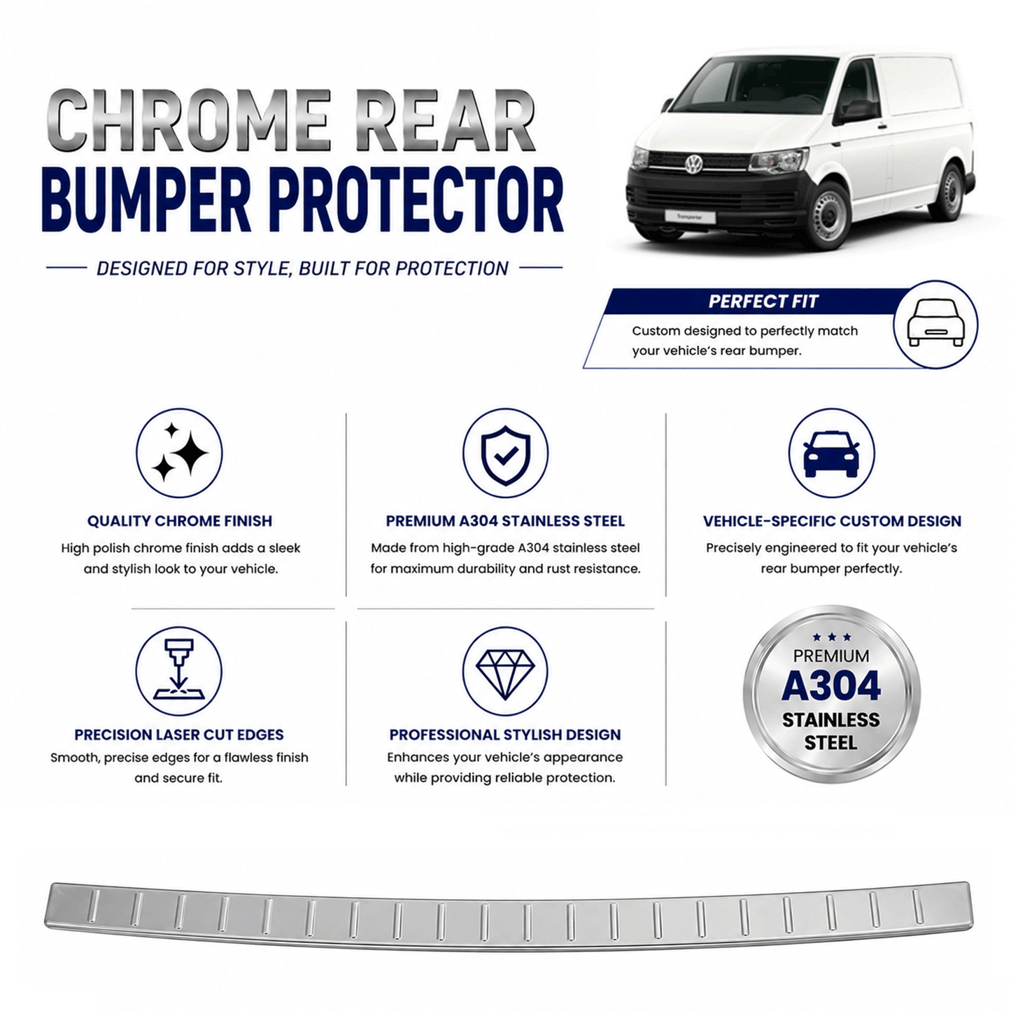 Chrome Rear Bumper Protector for Vw T6 Transporter 2015-2022, Sill Guard - image 2