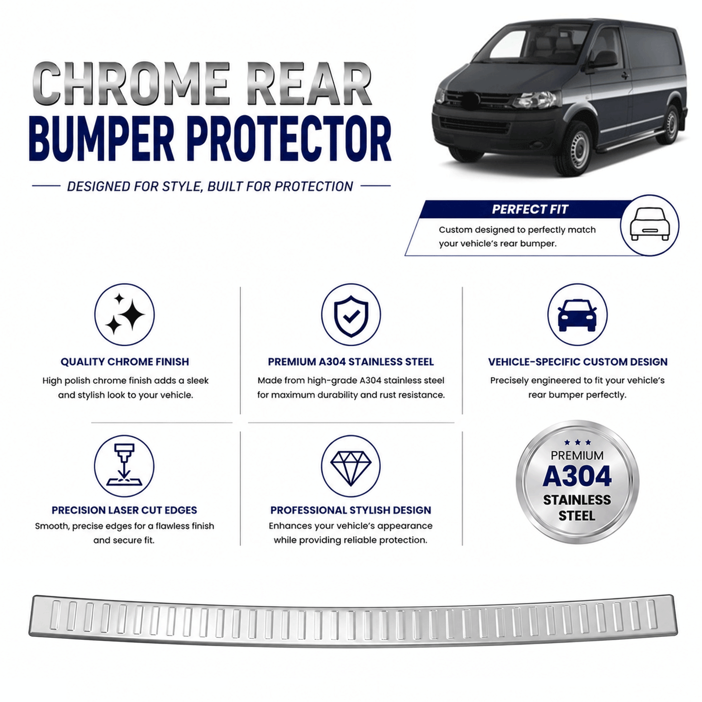 Chrome Rear Bumper Protector for Volkswagen T5 Transporter 2003-2015, Sill Guard - image 2