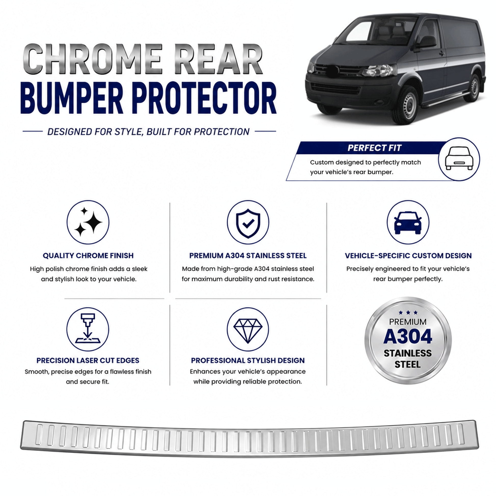 Chrome Rear Bumper Protector for Volkswagen T5 Transporter 2003-2015, Sill Guard - image 2