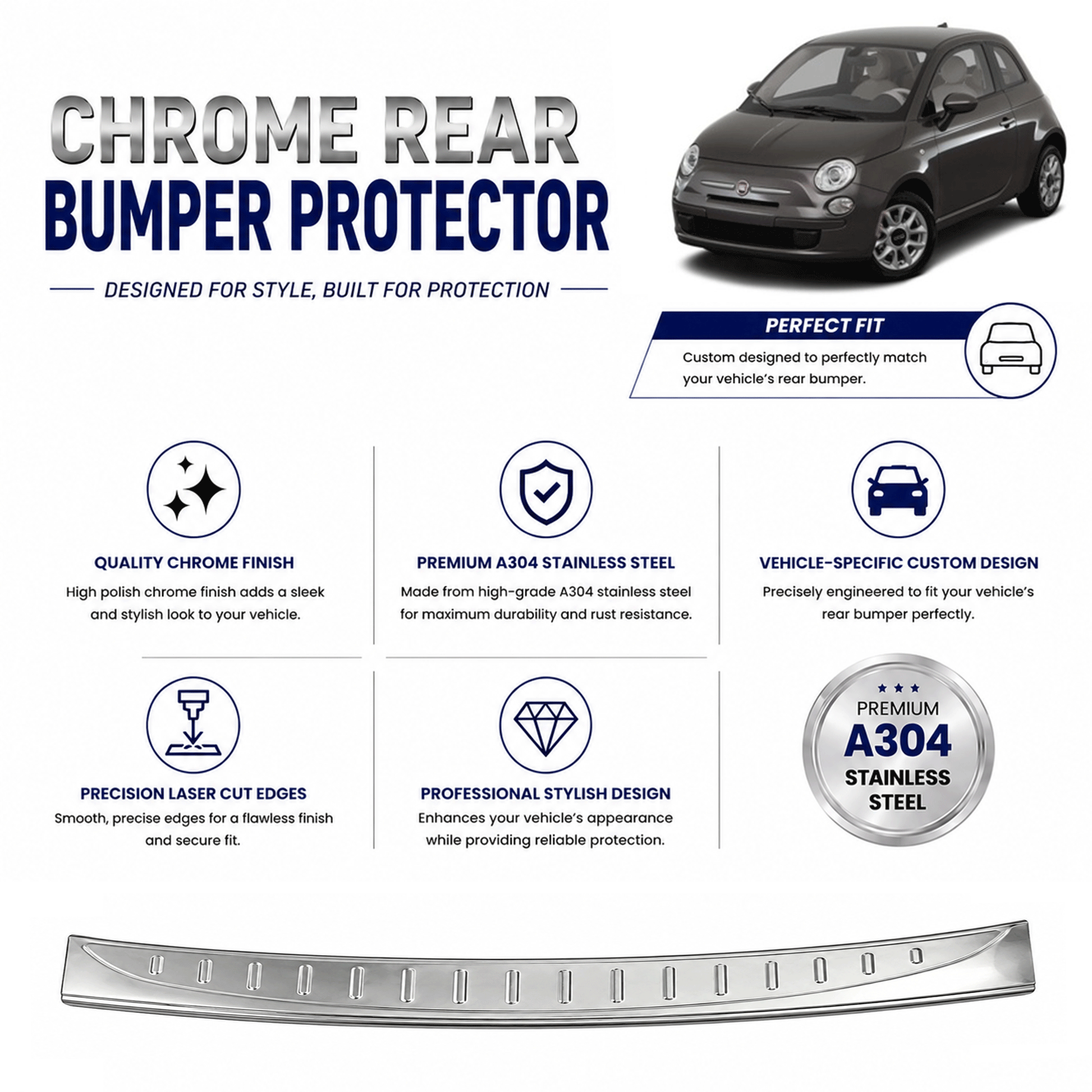 Chrome Rear Bumper Protector for Fiat 500 500C 2007-2015, Sill Guard - image 2