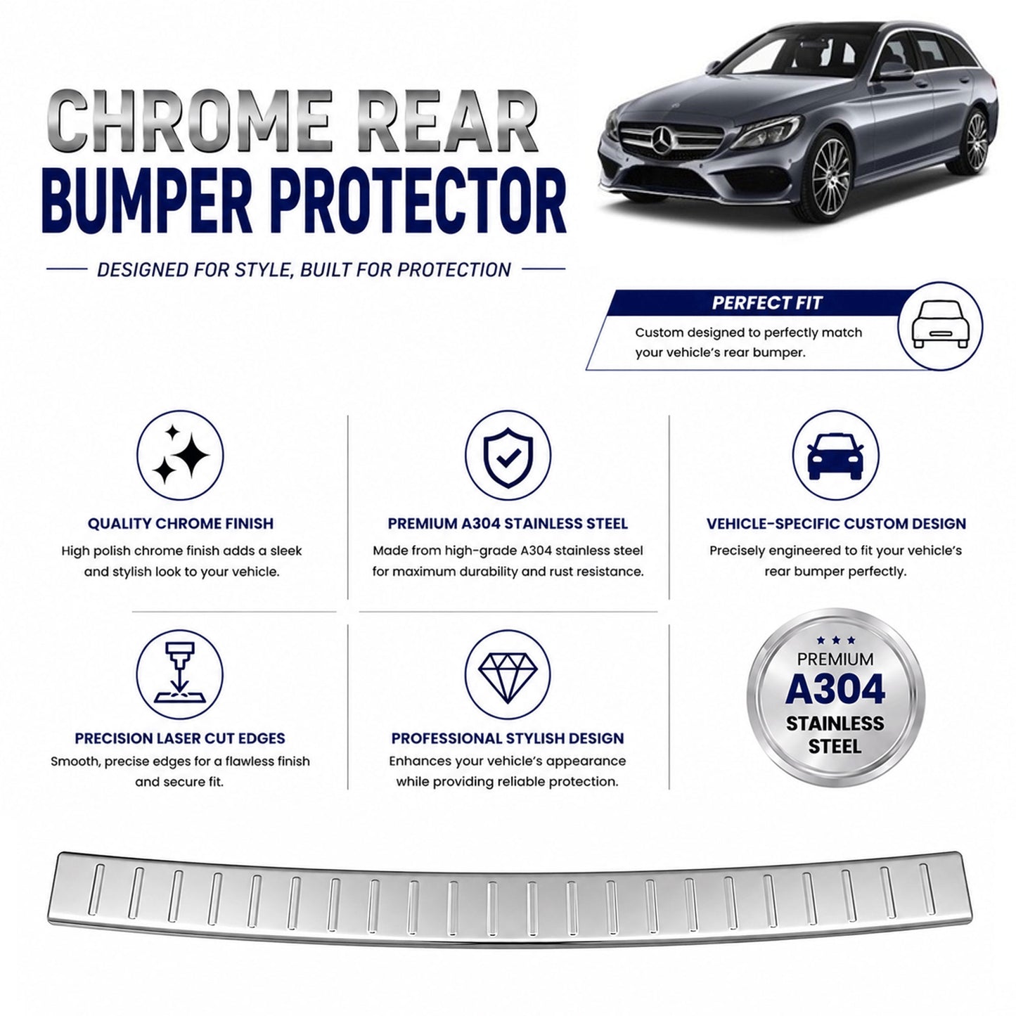 Chrome Rear Bumper Protector for Mercedes C-Class S205 Estate 2014-21 Sill Guard - image 2