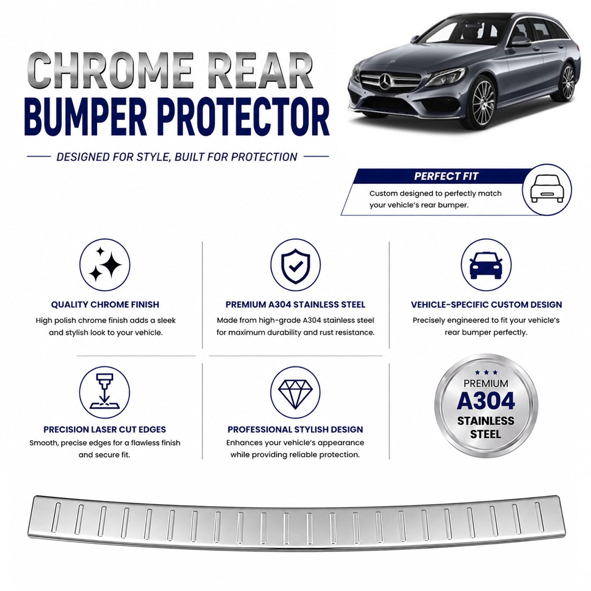 Chrome Rear Bumper Protector for Mercedes C-Class S205 Estate 2014-21 Sill Guard - image 2