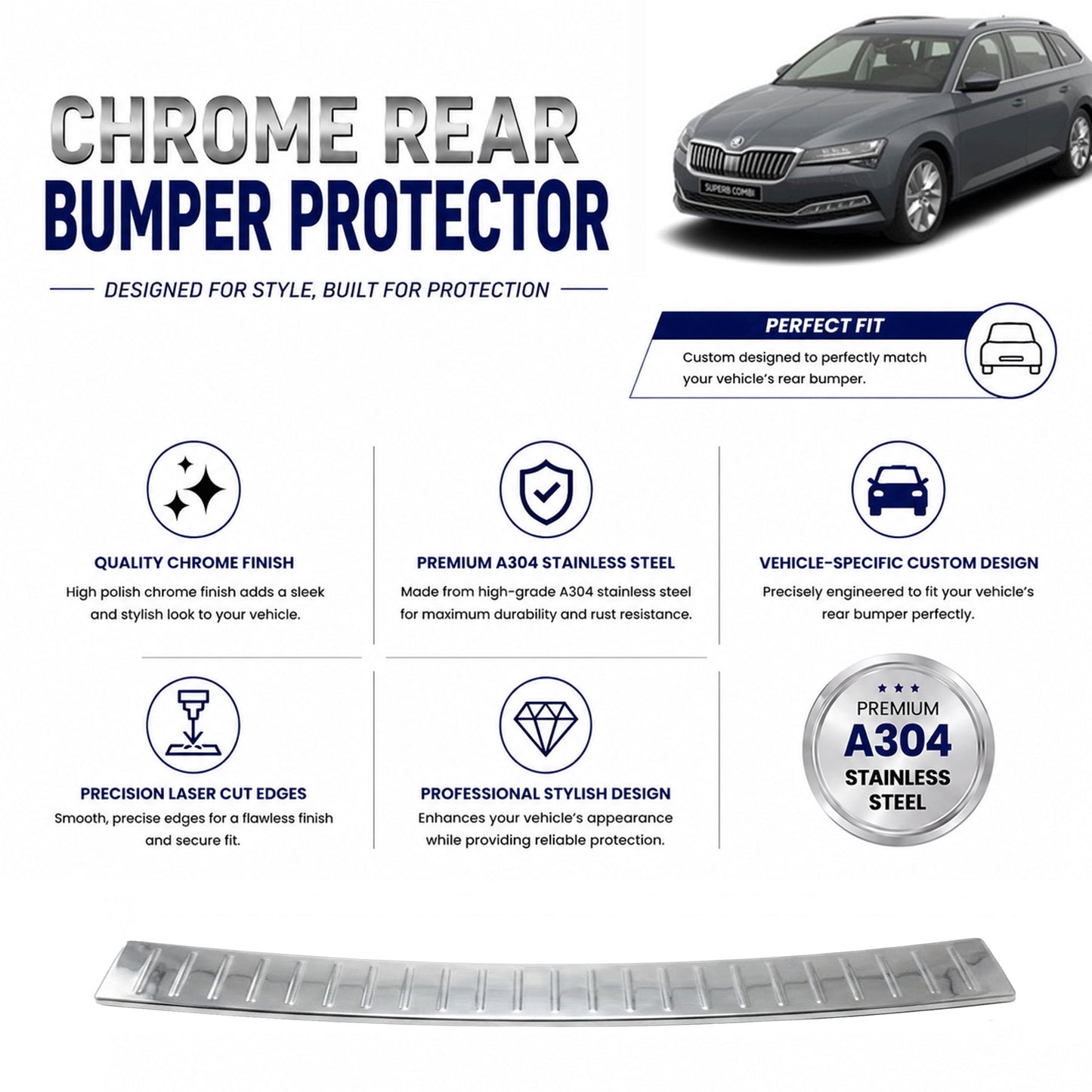 Chrome Rear Bumper Protector for Skoda Superb 2019 Onwards, Sill Guard - image 2
