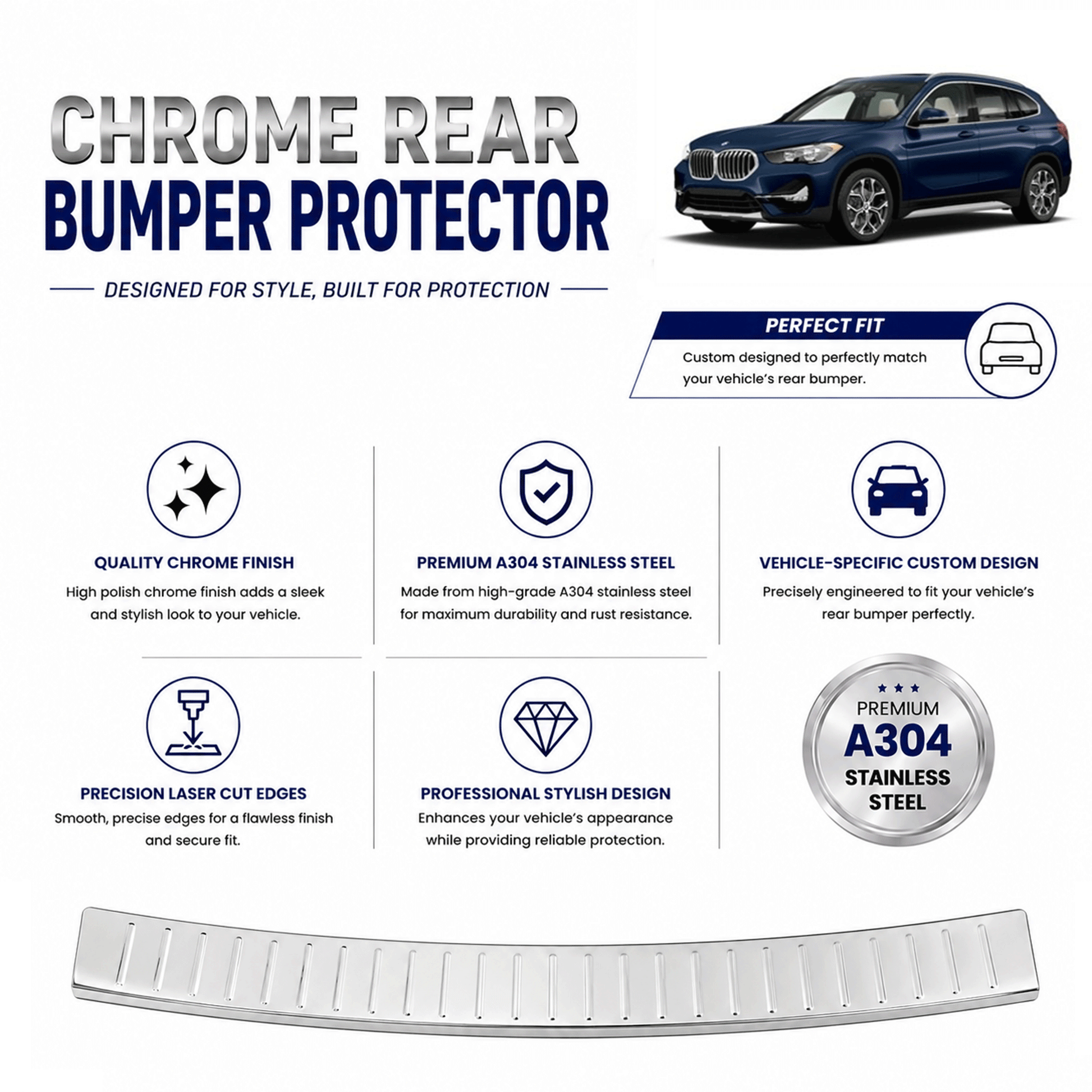 Chrome Rear Bumper Protector for Bmw X1 (F48) 2015-2022, Sill Guard - image 2