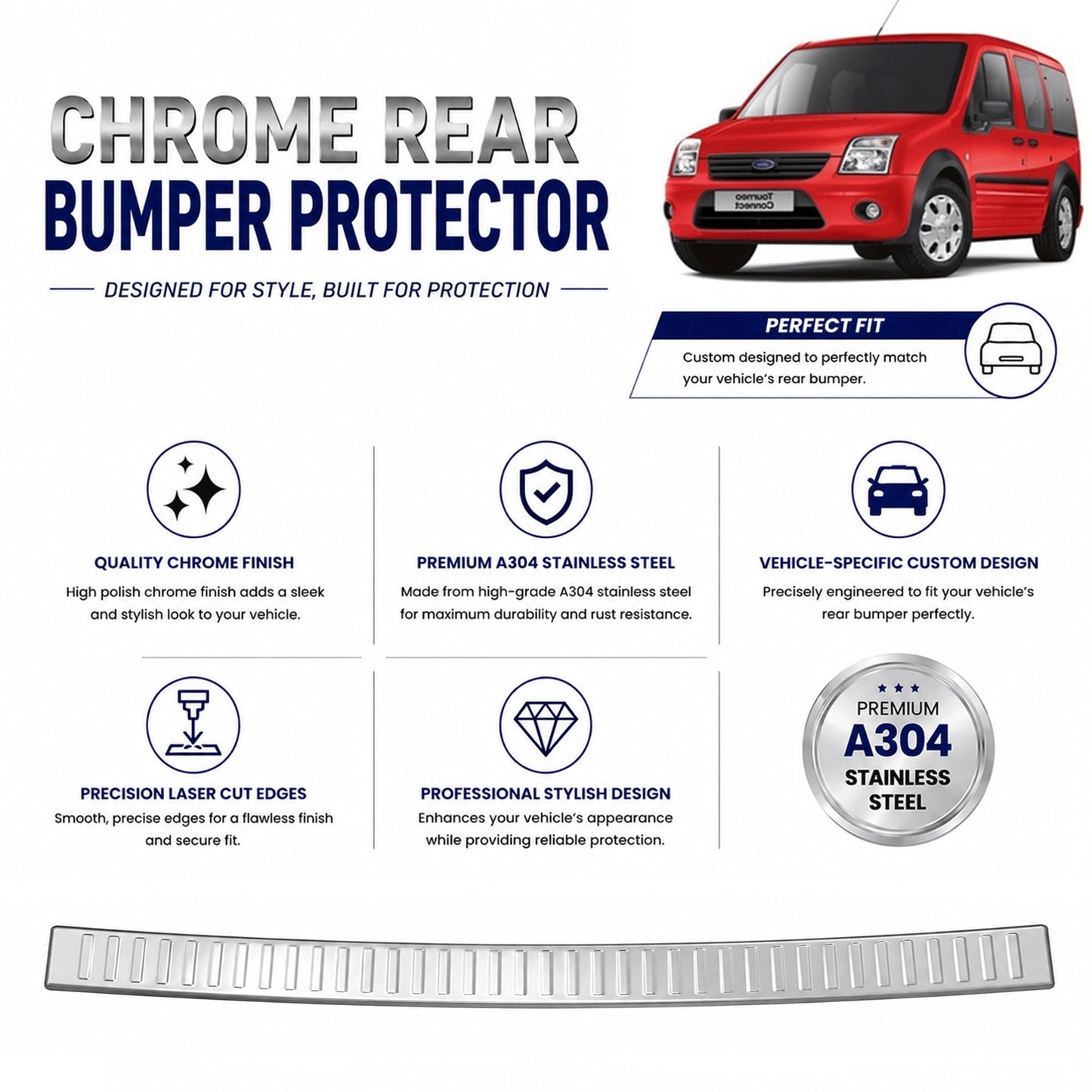 Chrome Rear Bumper Protector for Ford Connect  2003-2014, Sill Guard - image 2