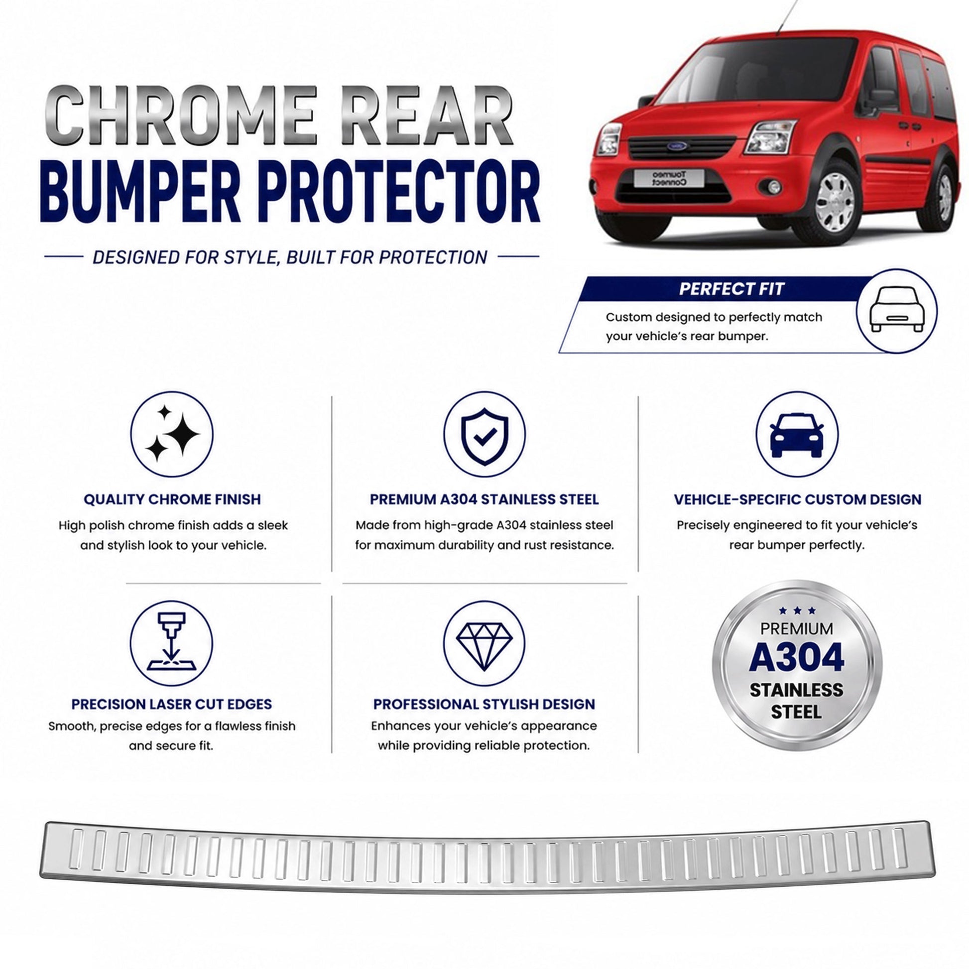 Chrome Rear Bumper Protector for Ford Connect  2003-2014, Sill Guard - image 2