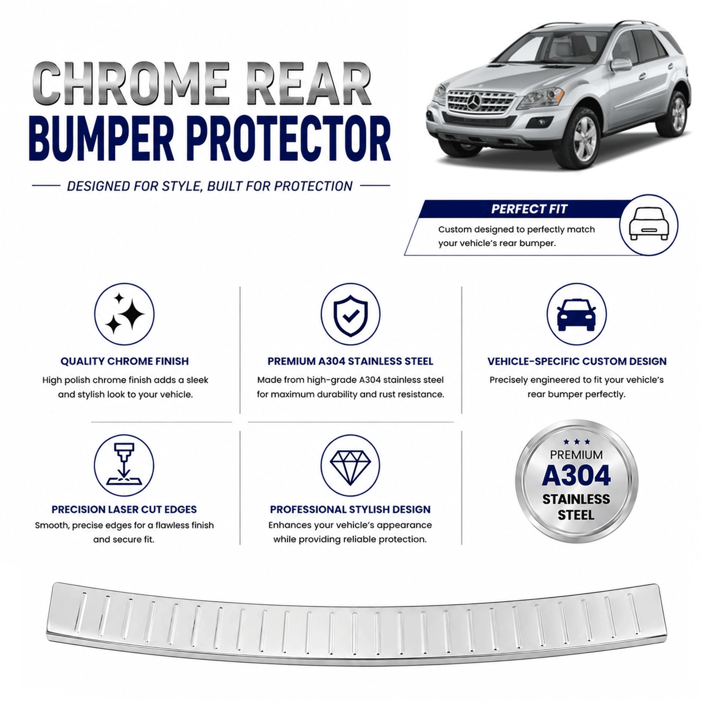 Chrome Rear Bumper Protector for Mercedes M Class (W164) 2006-2011, Sill Guard - image 2