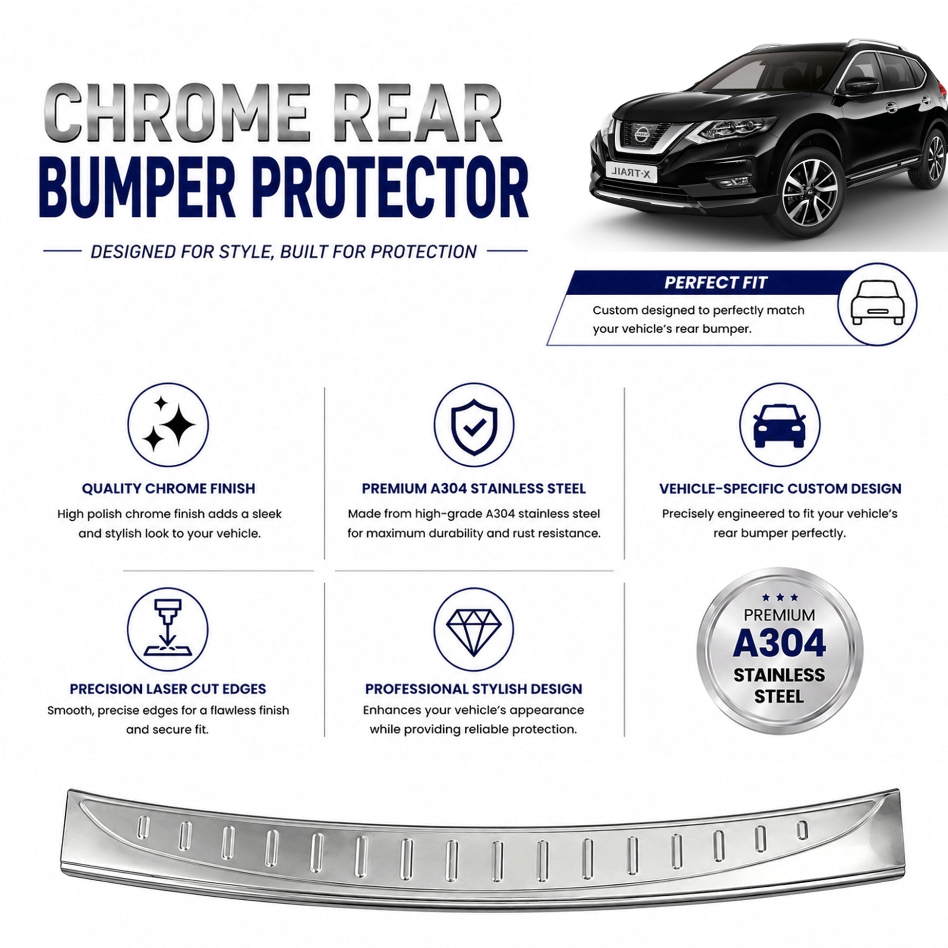 Chrome Rear Bumper Protector for Nissan X-Trail & Rogue 2017-2020, Sill Guard - image 2