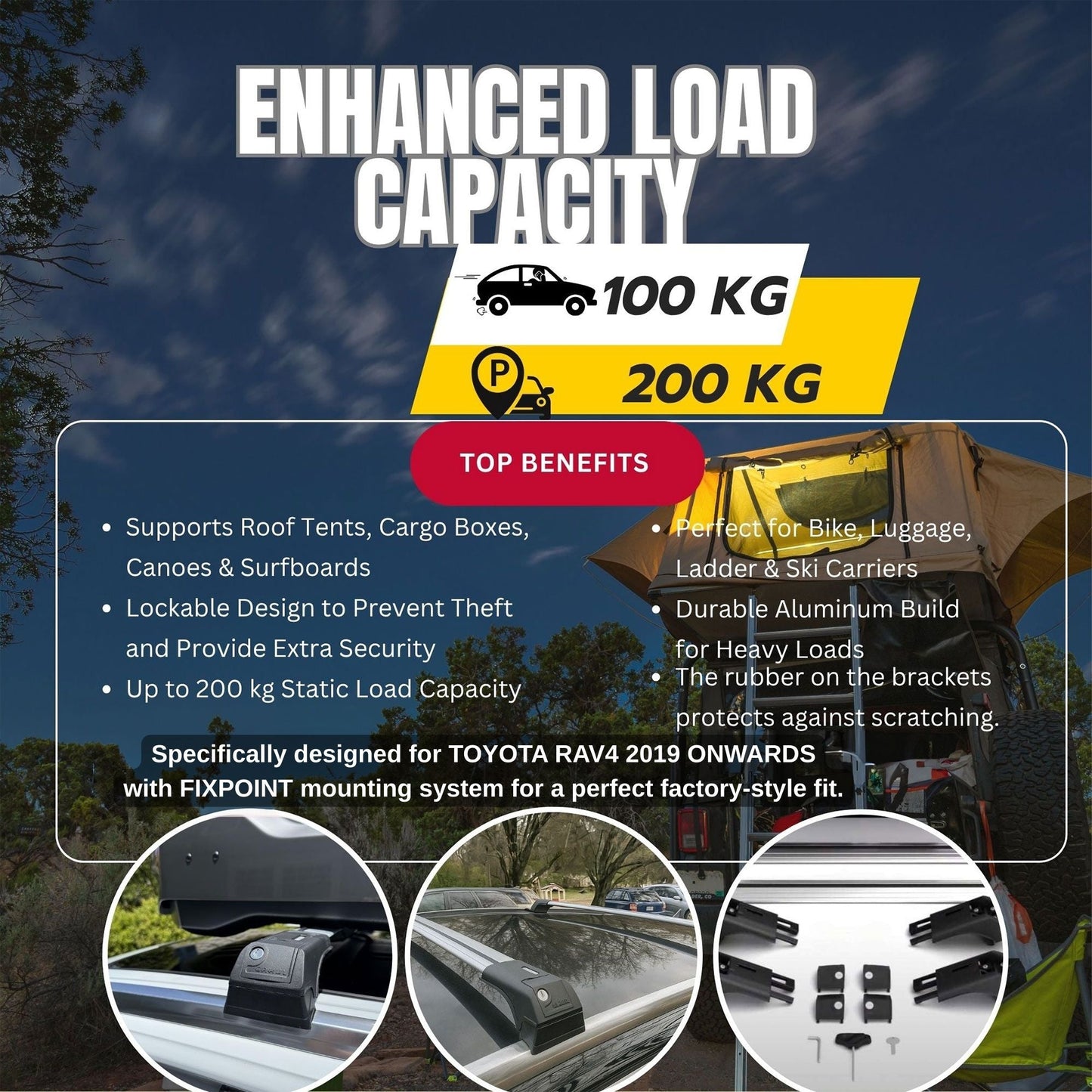 Roof Bars for Toyota RAV4 2019 Onwards – Lockable, Heavy Duty 2 Pcs Black - Image 4