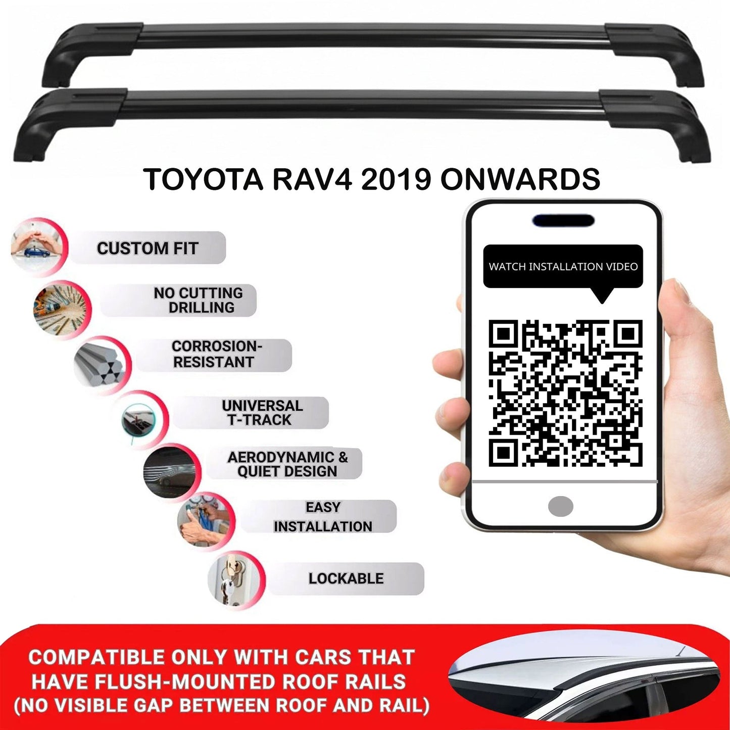 Roof Bars for Toyota RAV4 2019 Onwards – Lockable, Heavy Duty 2 Pcs Black - Image 2