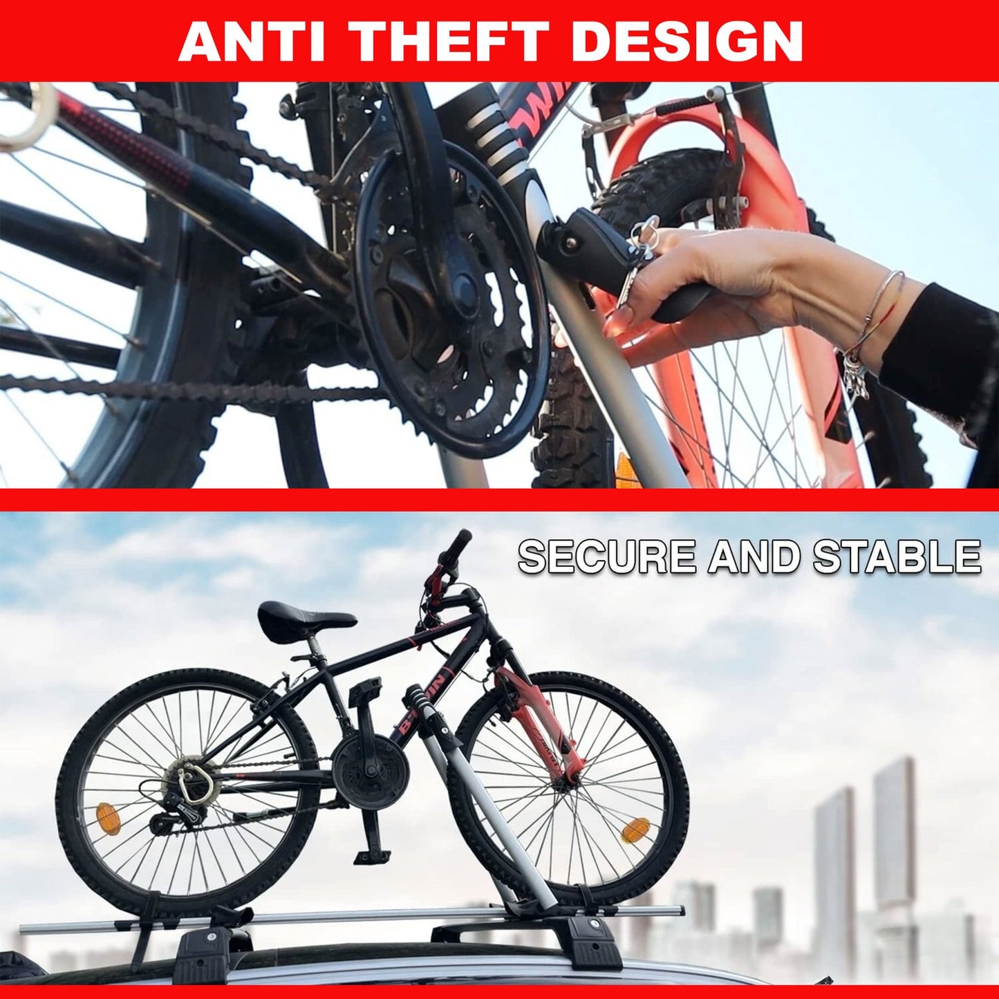 Universal Lockable Car Bike Rack Roof-Mounted Bike Carrier For 1 Bicycle Black