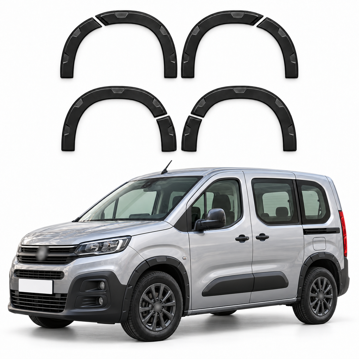 8-piece matte black wheel arch trim set with illustrative Fiat Doblo installation