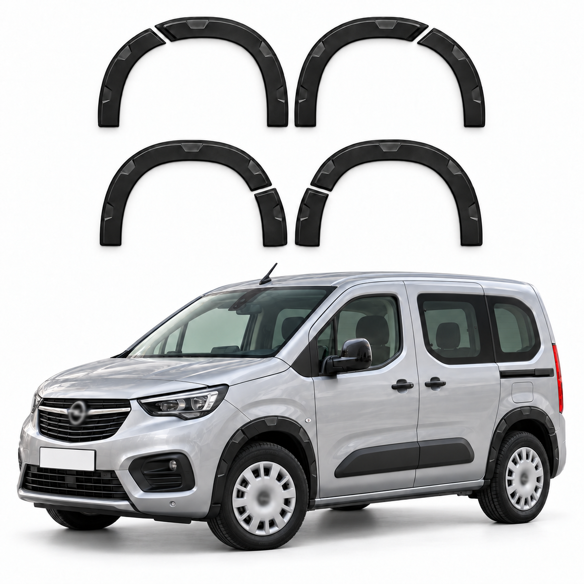8-piece matte black wheel arch trim set with illustrative Opel Vauxhall Combo installation