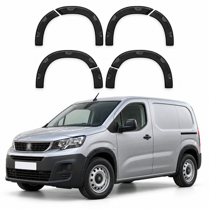 8-piece matte black wheel arch trim set with illustrative Peugeot Partner installation