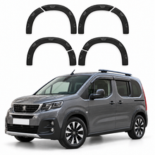 8-piece matte black wheel arch trim set with illustrative Peugeot Rifter installation