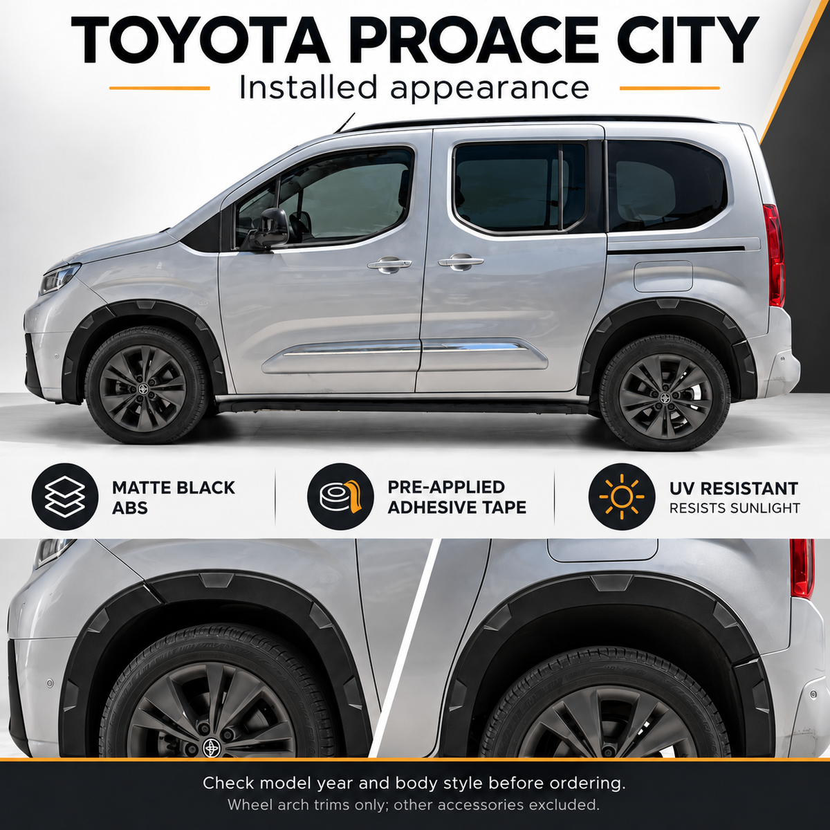 Toyota Proace City 2018+ Wheel Arch Trims – 8 Piece Matte Black ABS Set