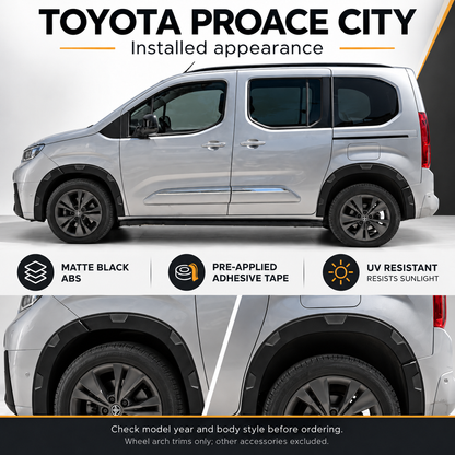 Toyota Proace City 2018+ Wheel Arch Trims – 8 Piece Matte Black ABS Set