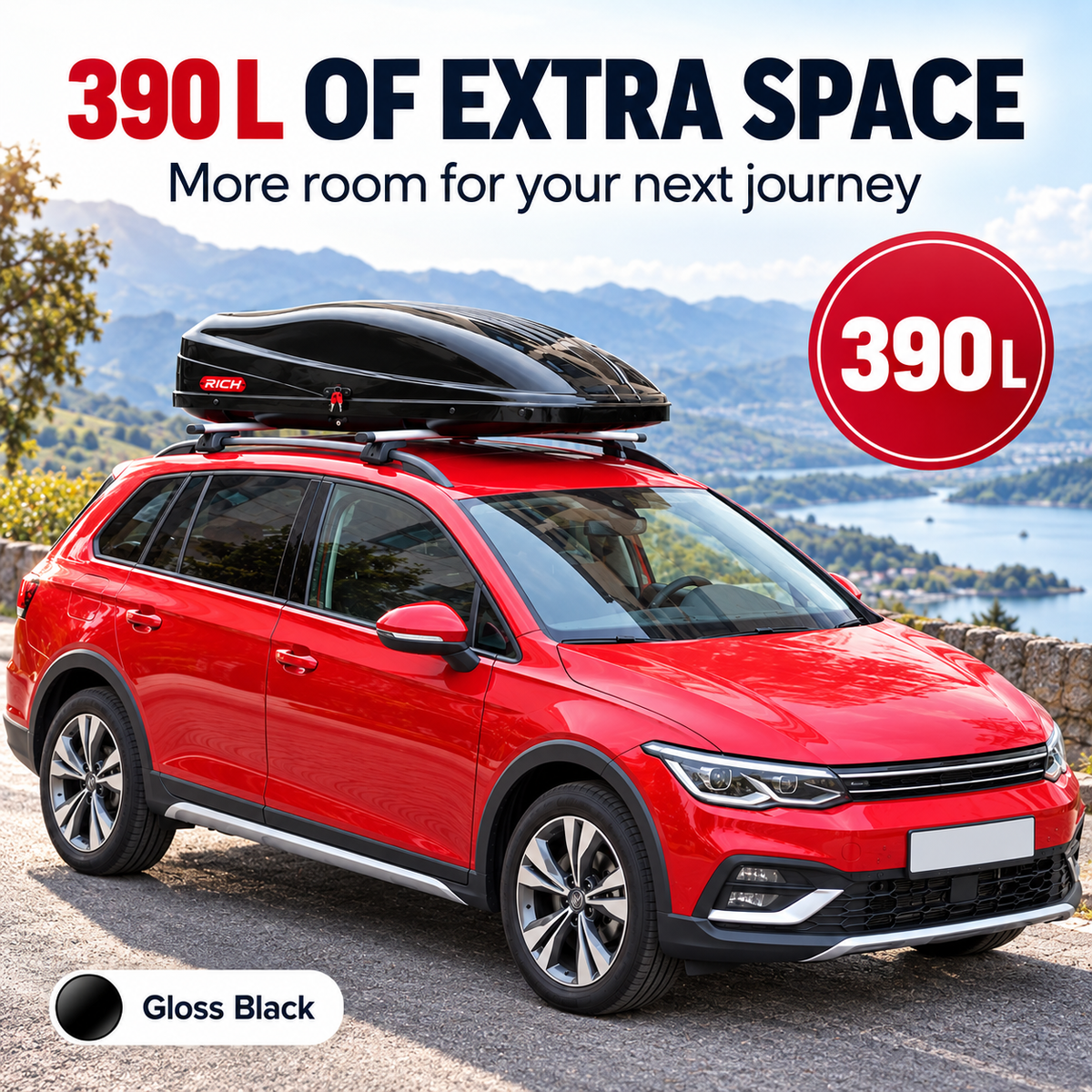 Rich 390 L roof box — gloss black — capacity travel