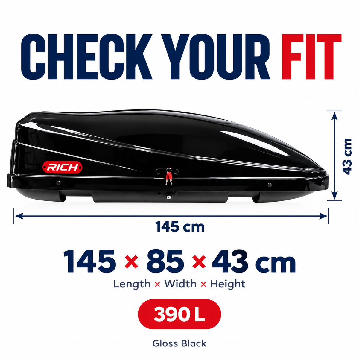 Rich 390 L roof box — gloss black — dimensions