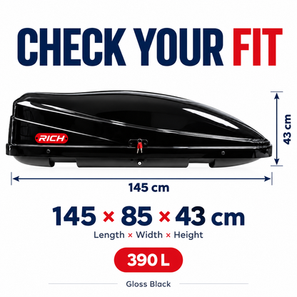 Rich 390 L roof box — gloss black — dimensions