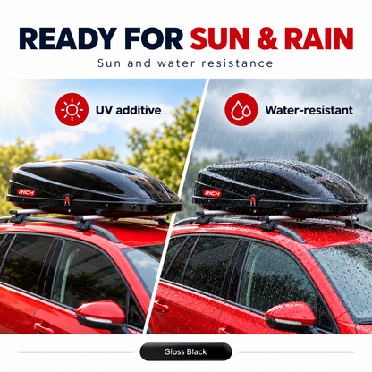 Rich 390 L roof box — gloss black — sun water