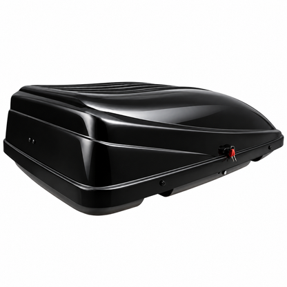 390 L roof box — Gloss Black — angled view — edited product photograph
