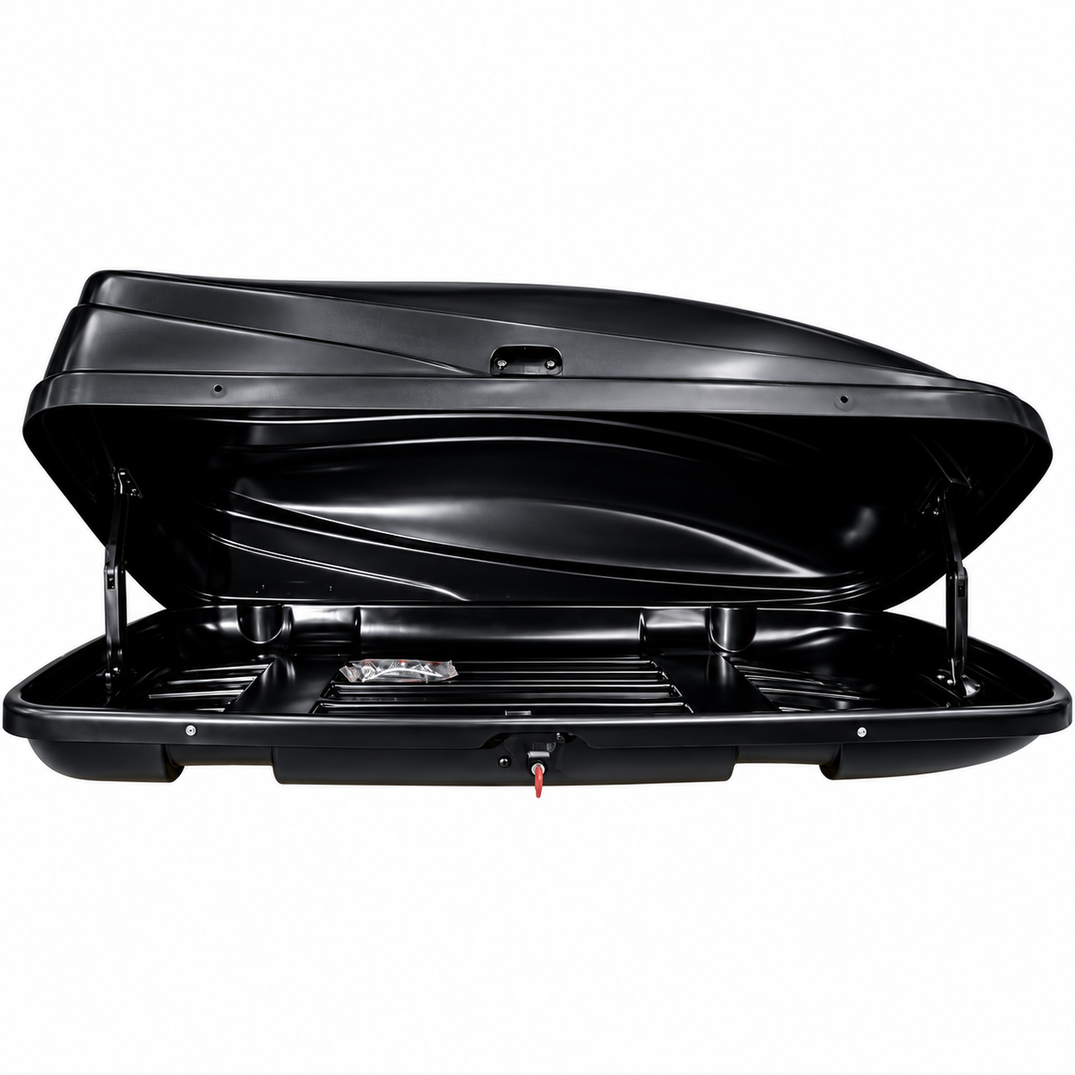 390 L roof box — Gloss Black — open lid — edited product photograph