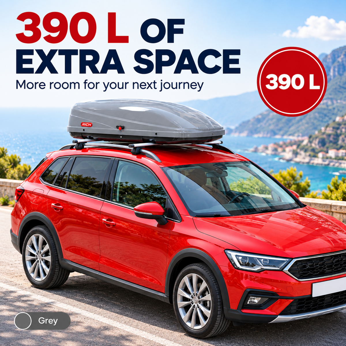 Rich 390 L roof box — grey — capacity travel