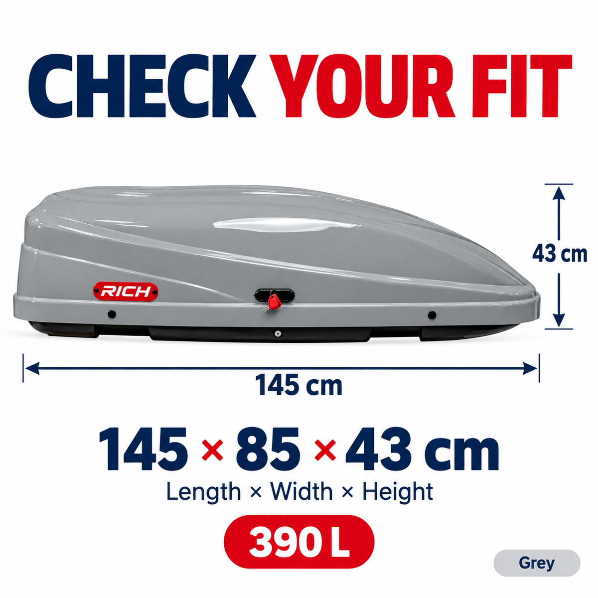 Rich 390 L roof box — grey — dimensions