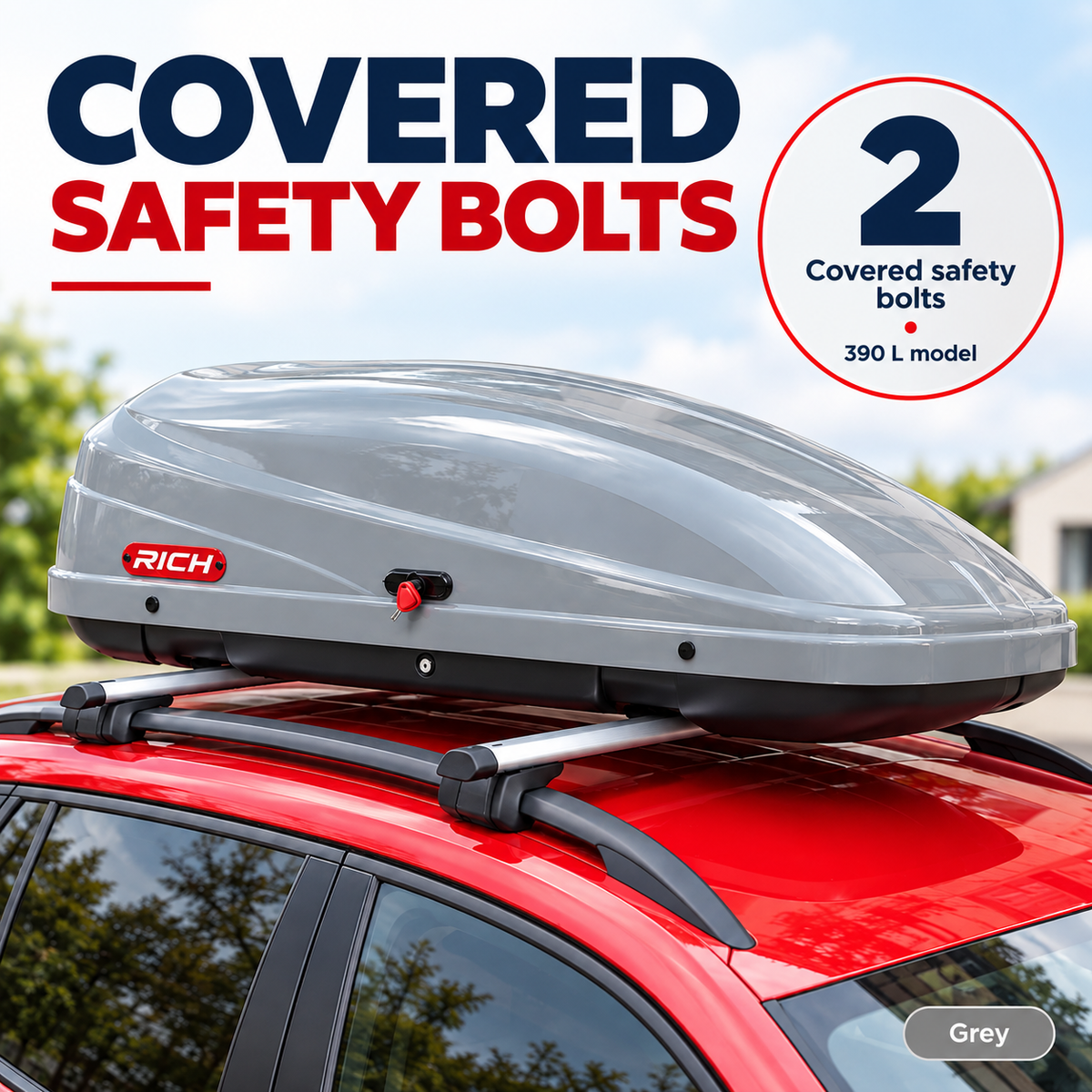 Rich 390 L roof box — grey — mounting