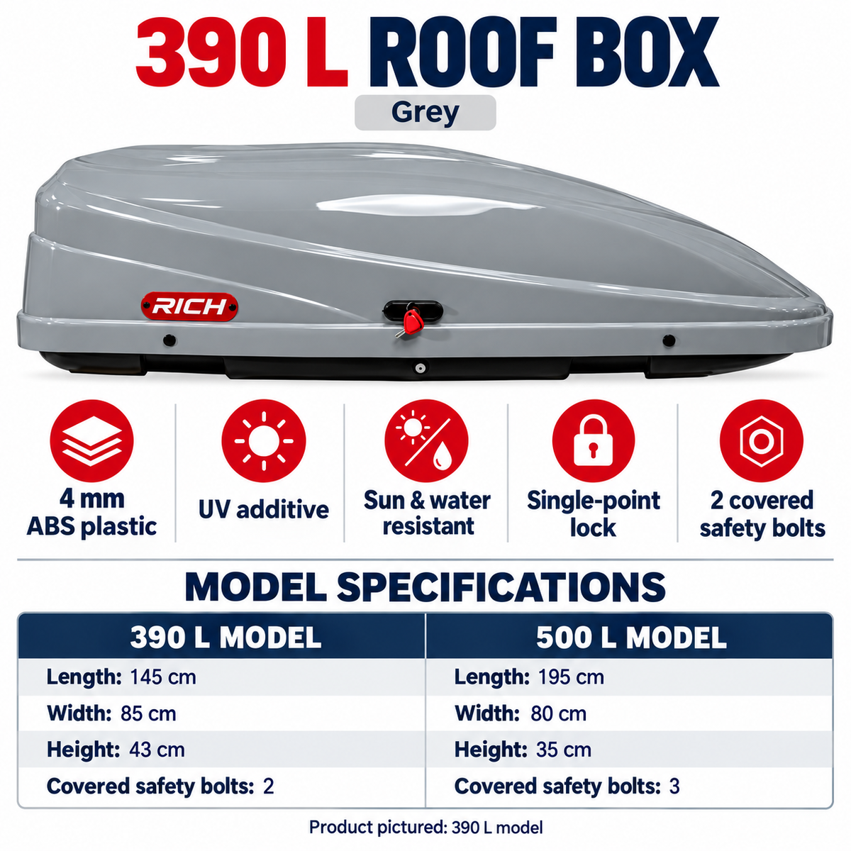 Rich 390 L roof box — grey — model comparison