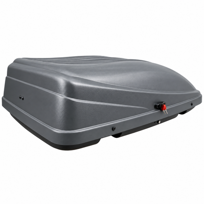 390 L roof box — Grey — angled view — edited product photograph