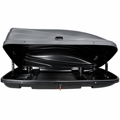 390 L roof box — Grey — open lid — edited product photograph