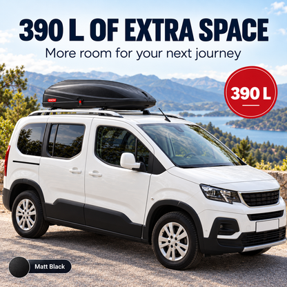 Rich 390 L roof box — matt black — capacity travel
