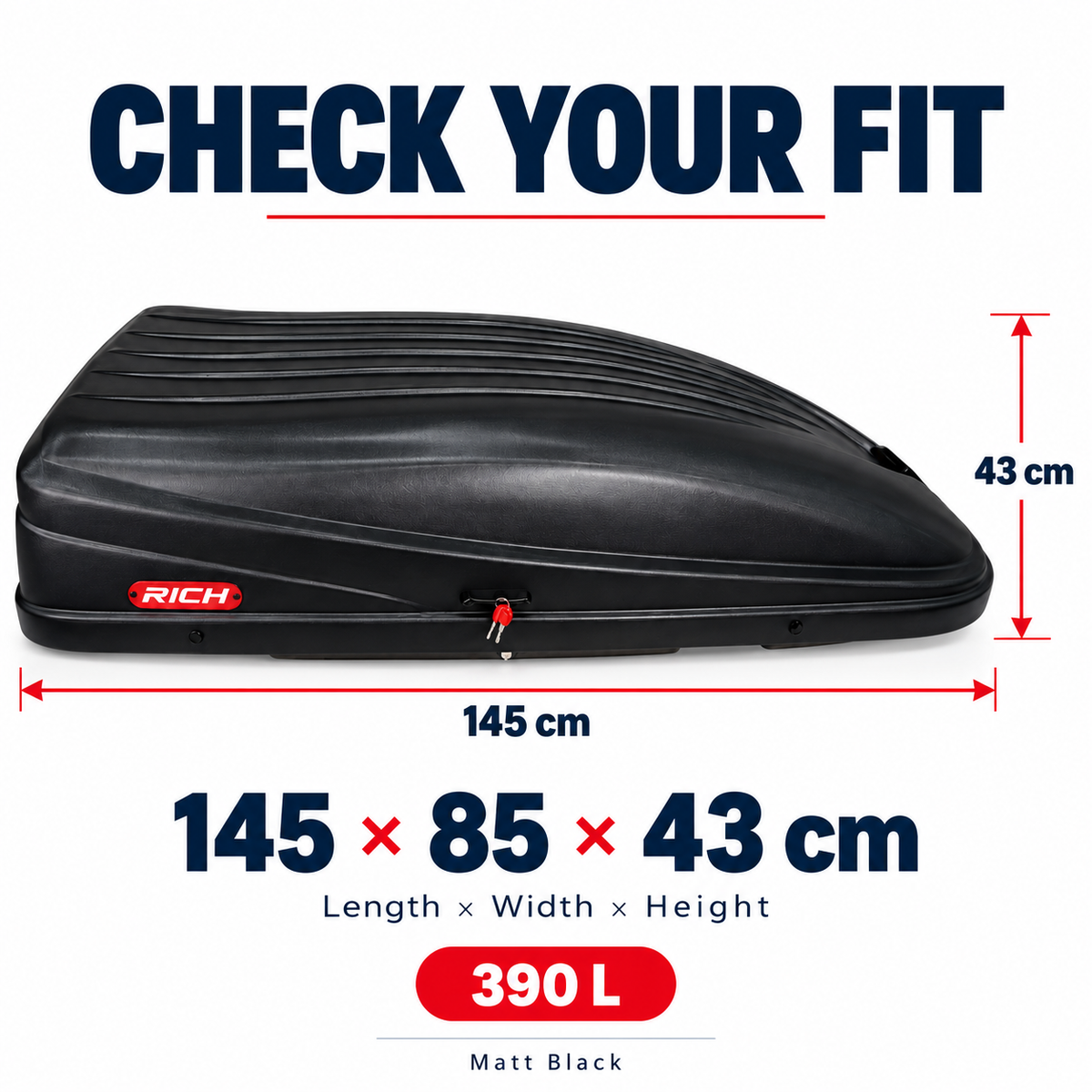 Rich 390 L roof box — matt black — dimensions