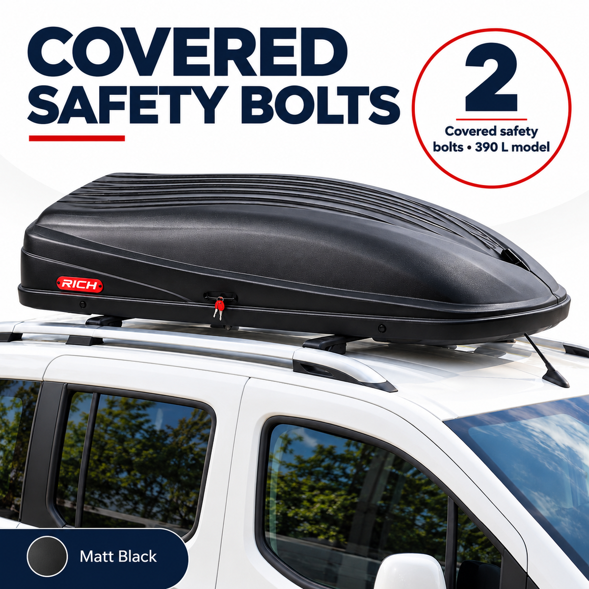 Rich 390 L roof box — matt black — mounting
