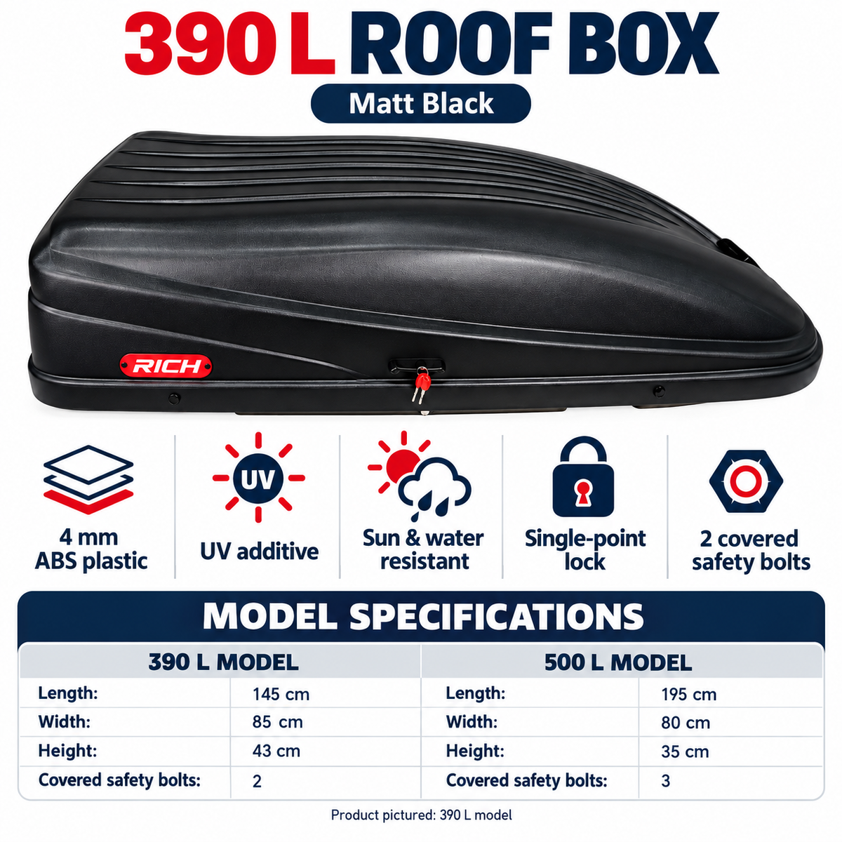 Rich 390 L roof box — matt black — model comparison