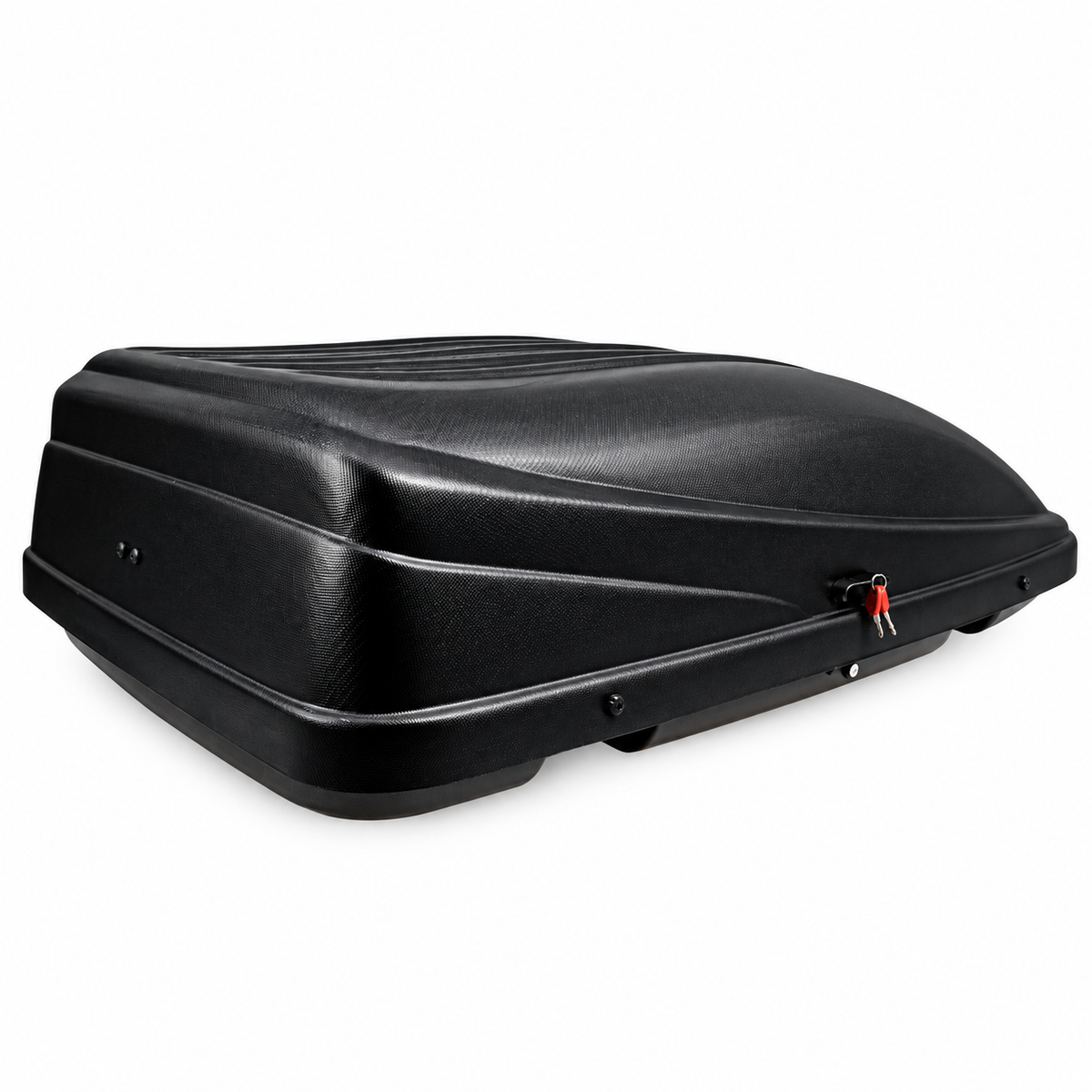 390 L roof box — Matt Black — angled view — edited product photograph