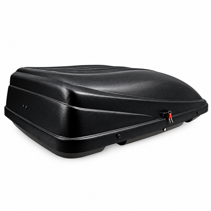 390 L roof box — Matt Black — angled view — edited product photograph