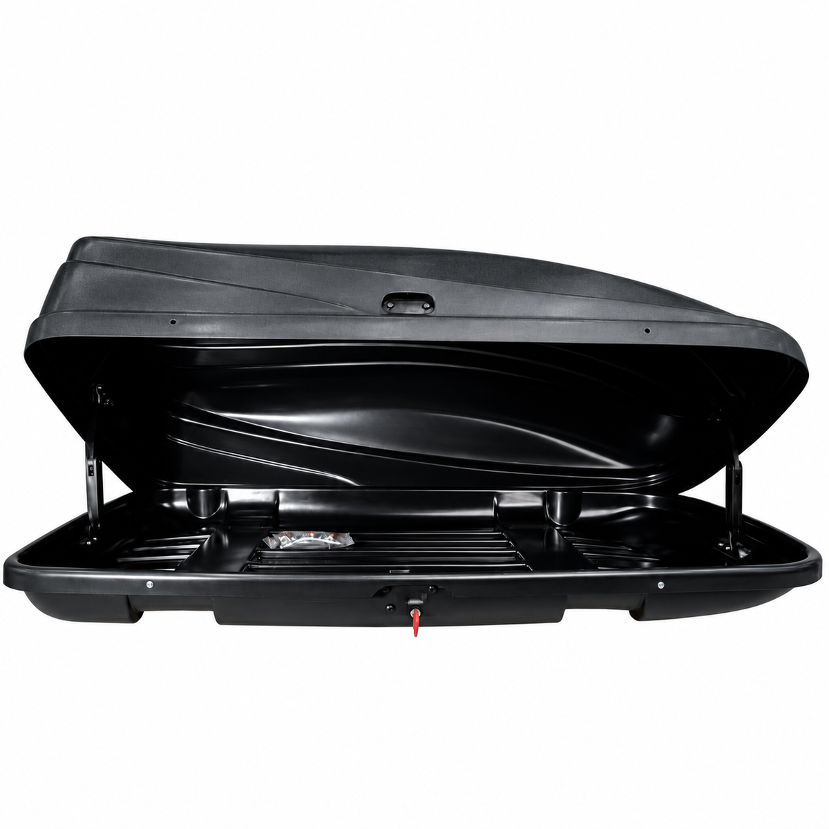 390 L roof box — Matt Black — open lid — edited product photograph