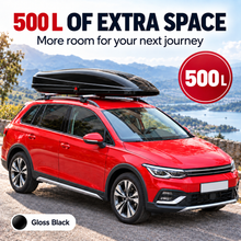 500 L roof box — gloss black — capacity travel — adapted product photograph