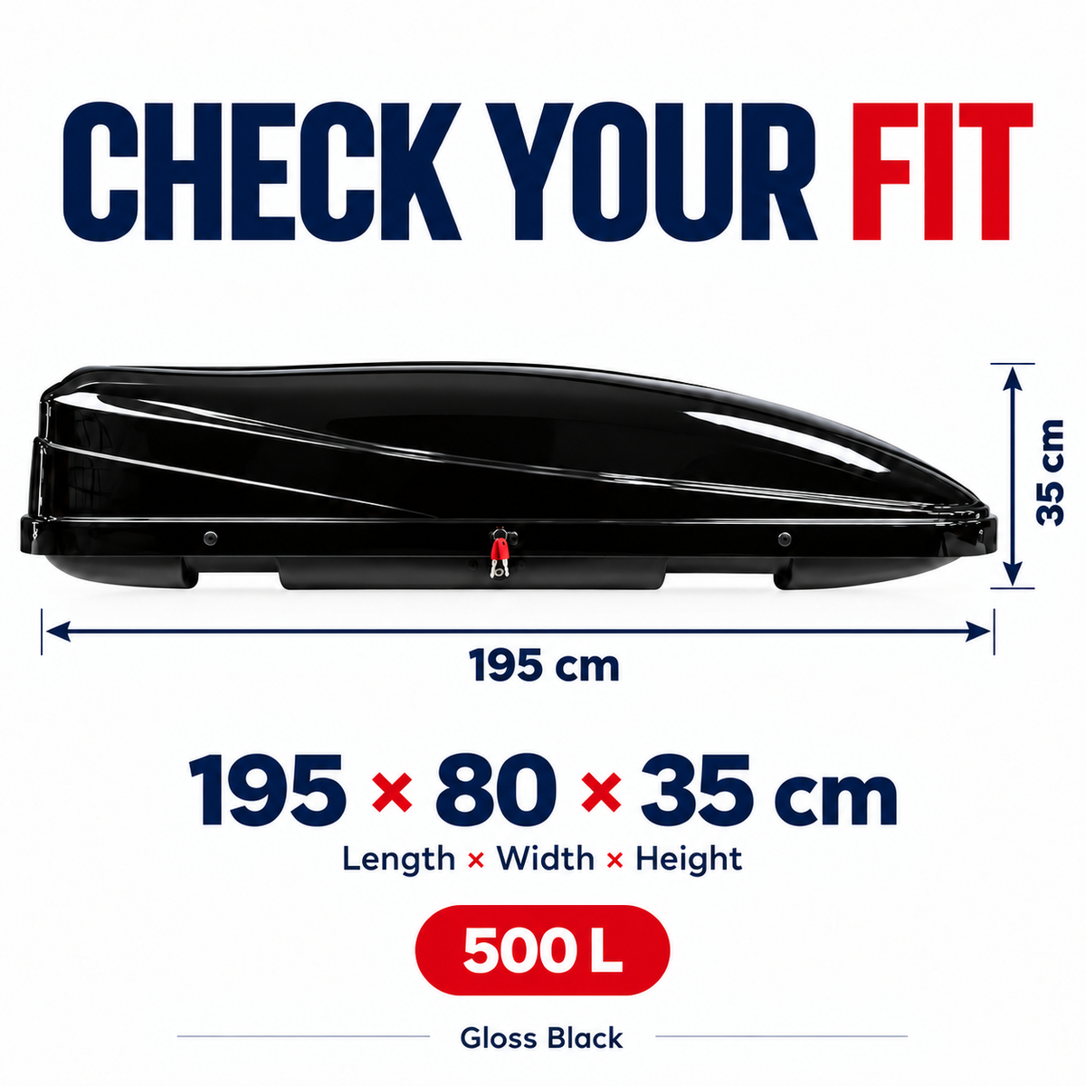 500 L roof box — gloss black — dimensions — adapted product photograph