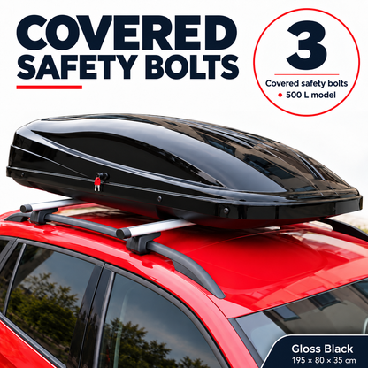 500 L roof box — gloss black — mounting — adapted product photograph