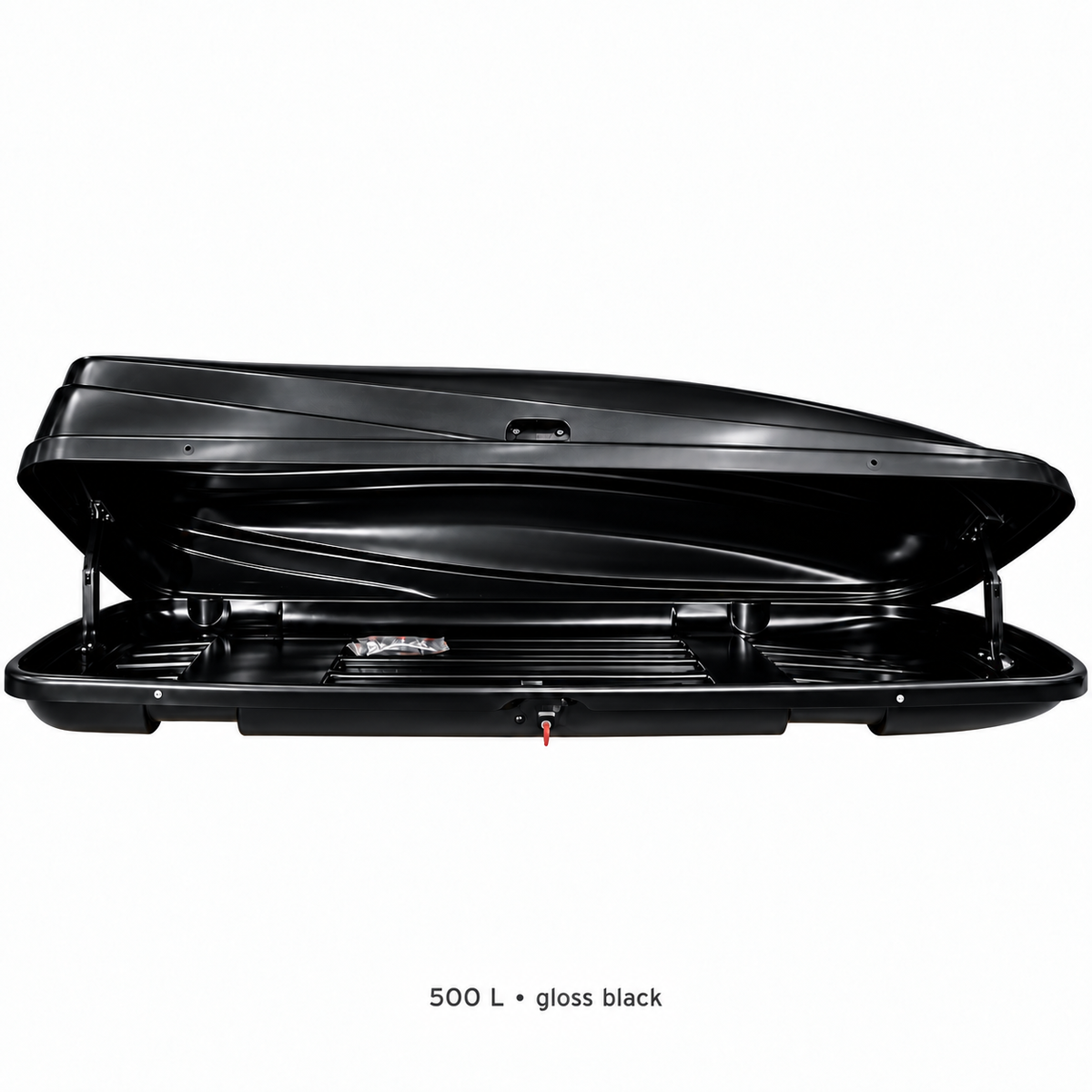 500 L roof box — gloss black — open — adapted product photograph