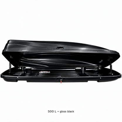 500 L roof box — gloss black — open — adapted product photograph