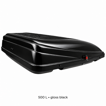 500 L roof box — gloss black — angle — adapted product photograph