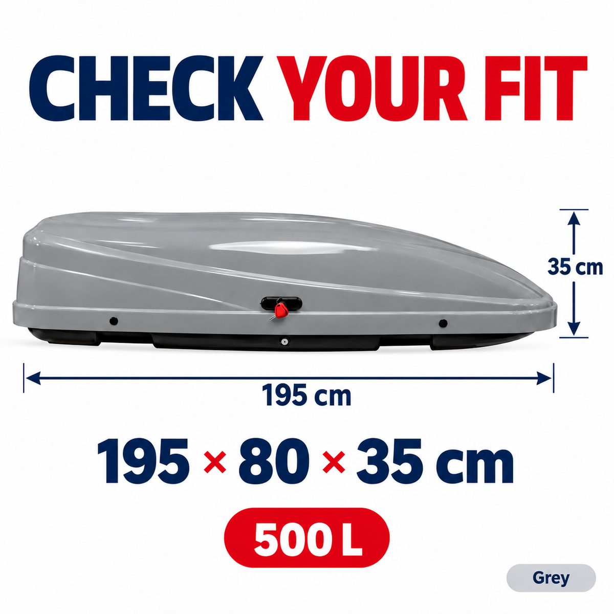 500 L roof box — grey — dimensions — adapted product photograph