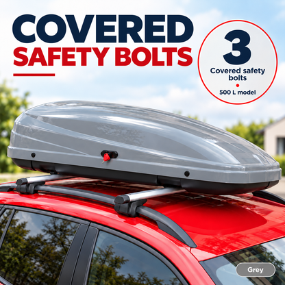 500 L roof box — grey — mounting — adapted product photograph