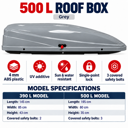 500 L roof box — grey — model comparison — adapted product photograph